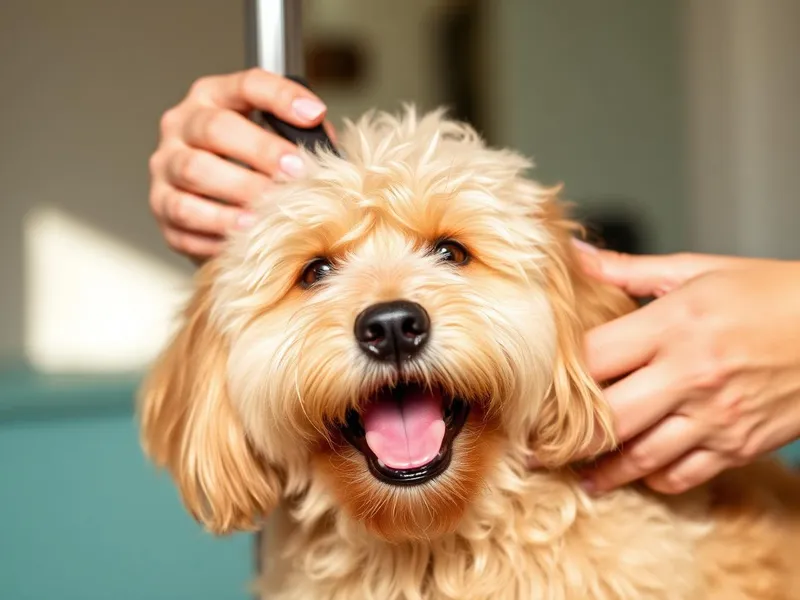 Groomer brushing a happy golden doodle