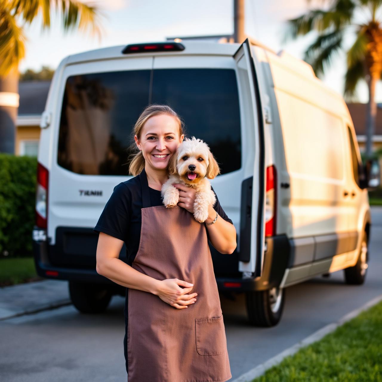 Owner of Tampa Bay Mobile Pet Grooming holding a small dog by her van